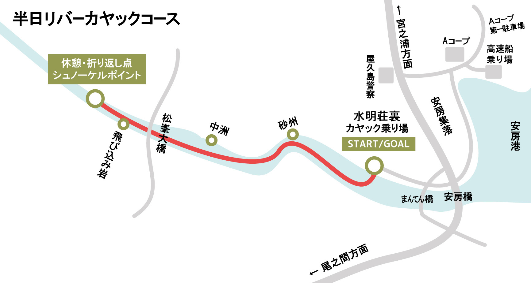 半日リバーカヤック＋川遊びコースマップ